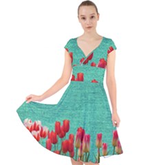 Green Denim Flowers Cap Sleeve Front Wrap Midi Dress