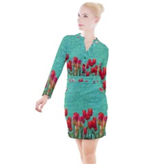 Green Denim Flowers Button Long Sleeve Dress