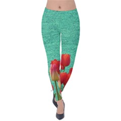 Green Denim Flowers Velvet Leggings by snowwhitegirl