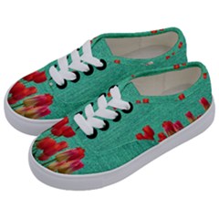 Green Denim Flowers Kids  Classic Low Top Sneakers by snowwhitegirl