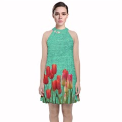 Green Denim Flowers Velvet Halter Neckline Dress  by snowwhitegirl