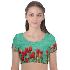 Green Denim Flowers Velvet Short Sleeve Crop Top 