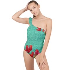 Green Denim Flowers Frilly One Shoulder Swimsuit