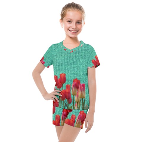 Green Denim Flowers Kids  Mesh Tee And Shorts Set by snowwhitegirl