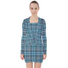 Teal Plaid V-neck Bodycon Long Sleeve Dress by snowwhitegirl