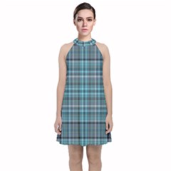 Teal Plaid Velvet Halter Neckline Dress 