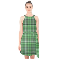 Green Plaid Halter Collar Waist Tie Chiffon Dress by snowwhitegirl