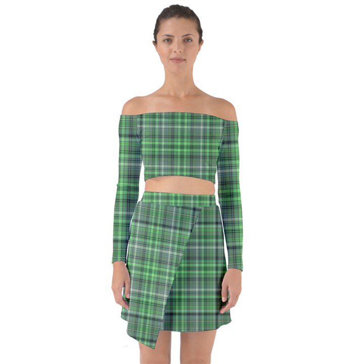 Green Plaid Off Shoulder Top with Skirt Set