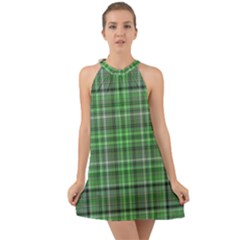 Green Plaid Halter Tie Back Chiffon Dress