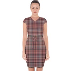 Peach  Plaid Capsleeve Drawstring Dress 