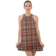 Peach  Plaid Halter Tie Back Chiffon Dress