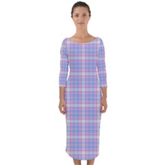 Pink Blue Plaid Quarter Sleeve Midi Bodycon Dress