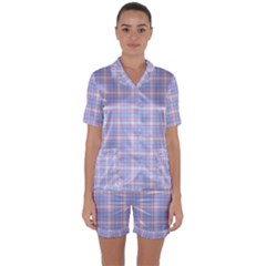 Pink Blue Plaid Satin Short Sleeve Pyjamas Set