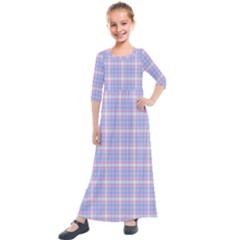 Pink Blue Plaid Kids  Quarter Sleeve Maxi Dress