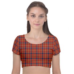 Red Yellow Plaid Velvet Short Sleeve Crop Top 