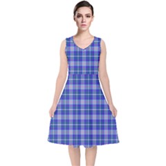 Blue Teal Plaid V-neck Midi Sleeveless Dress 