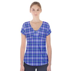 Blue Teal Plaid Short Sleeve Front Detail Top by snowwhitegirl