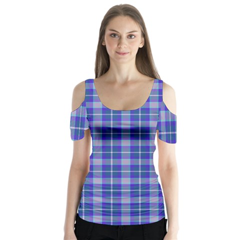 Blue Teal Plaid Butterfly Sleeve Cutout Tee  by snowwhitegirl