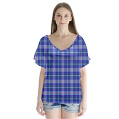 Blue Teal Plaid V-neck Flutter Sleeve Top by snowwhitegirl