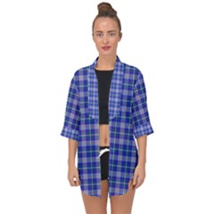 Blue Teal Plaid Open Front Chiffon Kimono