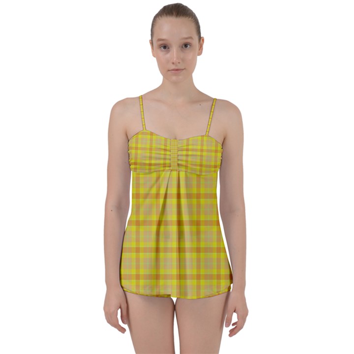 Yellow Sun Plaid Babydoll Tankini Set