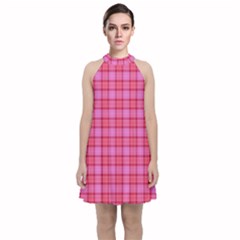 Valentine Pink Red Plaid Velvet Halter Neckline Dress 