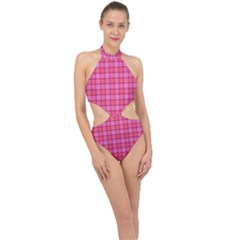 Valentine Pink Red Plaid Halter Side Cut Swimsuit