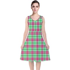 Pink Green Plaid V-neck Midi Sleeveless Dress 