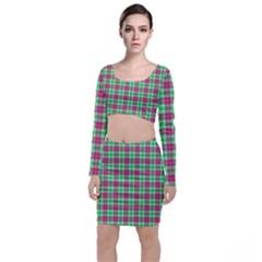 Pink Green Plaid Long Sleeve Crop Top & Bodycon Skirt Set