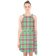 Pink Green Plaid Halter Collar Waist Tie Chiffon Dress by snowwhitegirl