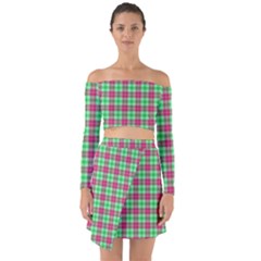 Pink Green Plaid Off Shoulder Top With Skirt Set