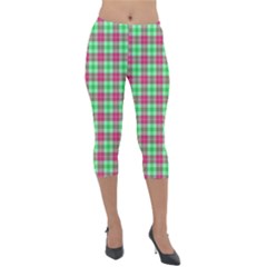 Pink Green Plaid Lightweight Velour Capri Leggings 