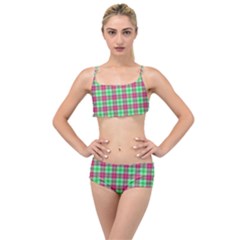 Pink Green Plaid Layered Top Bikini Set