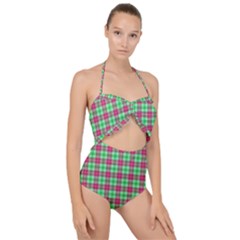 Pink Green Plaid Scallop Top Cut Out Swimsuit