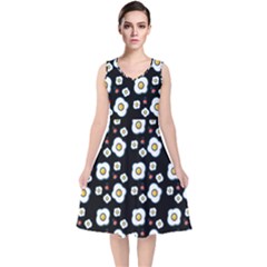 Eggs Black V-neck Midi Sleeveless Dress 