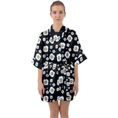 Eggs Black Quarter Sleeve Kimono Robe