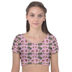 Fast Food Pink Velvet Short Sleeve Crop Top 