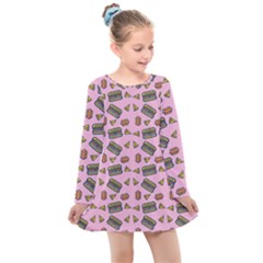 Fast Food Pink Kids  Long Sleeve Dress by snowwhitegirl