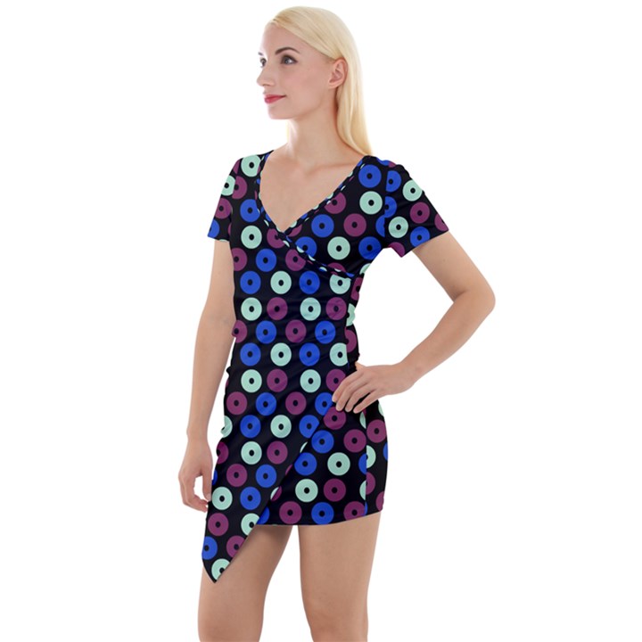 Eye Dots Blue Magenta Short Sleeve Asymmetric Mini Dress