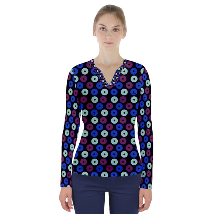 Eye Dots Blue Magenta V-Neck Long Sleeve Top