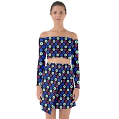 Eye Dots Blue Magenta Off Shoulder Top With Skirt Set