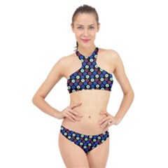 Eye Dots Blue Magenta High Neck Bikini Set