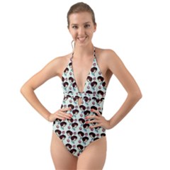 Redhead Girl Blue Halter Cut-out One Piece Swimsuit