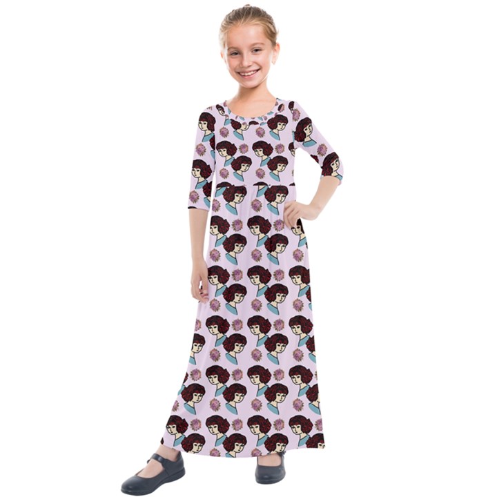 Redhead Girl Pink Kids  Quarter Sleeve Maxi Dress