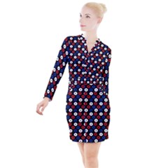 Eye Dots Red Blue Button Long Sleeve Dress