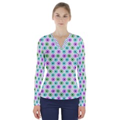 Eye Dots Green Violet V-neck Long Sleeve Top by snowwhitegirl