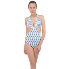 Eye Dots Green Violet Halter Front Plunge Swimsuit