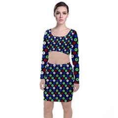 Eye Dots Green Blue Red Long Sleeve Crop Top & Bodycon Skirt Set