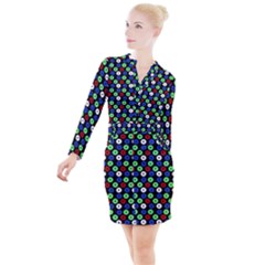 Eye Dots Green Blue Red Button Long Sleeve Dress