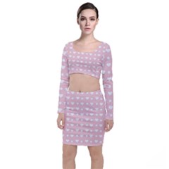 Hearts Dots Pink Long Sleeve Crop Top & Bodycon Skirt Set